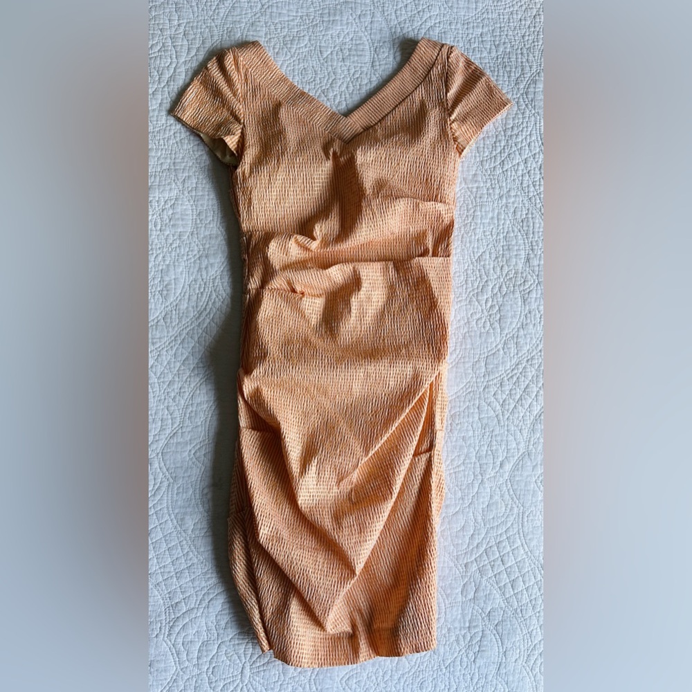 Sara Campbell Orange Stripe Size 6 Short Sleeve Dress V-neck Ruched Gold Shimmer